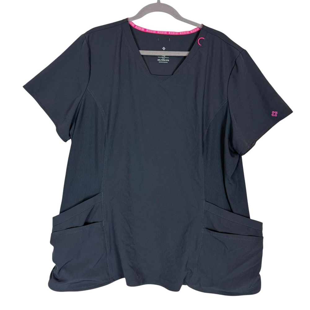 Med Couture Scrub Top Womens 2X Gray V Neck Amp Pockets Plus Size Workwear